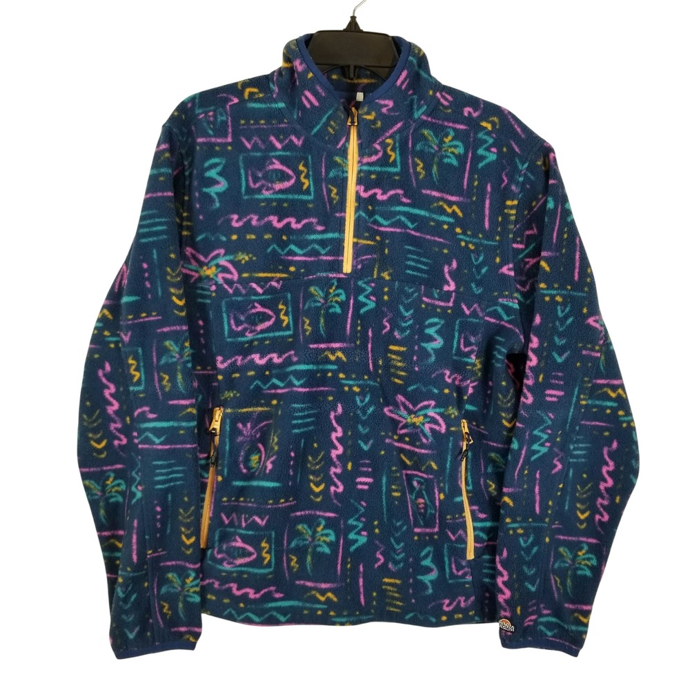 Chubbies Fleece Pullover Mens Medium Navy Retro Geometric‎ Tropical Quarter Zip
